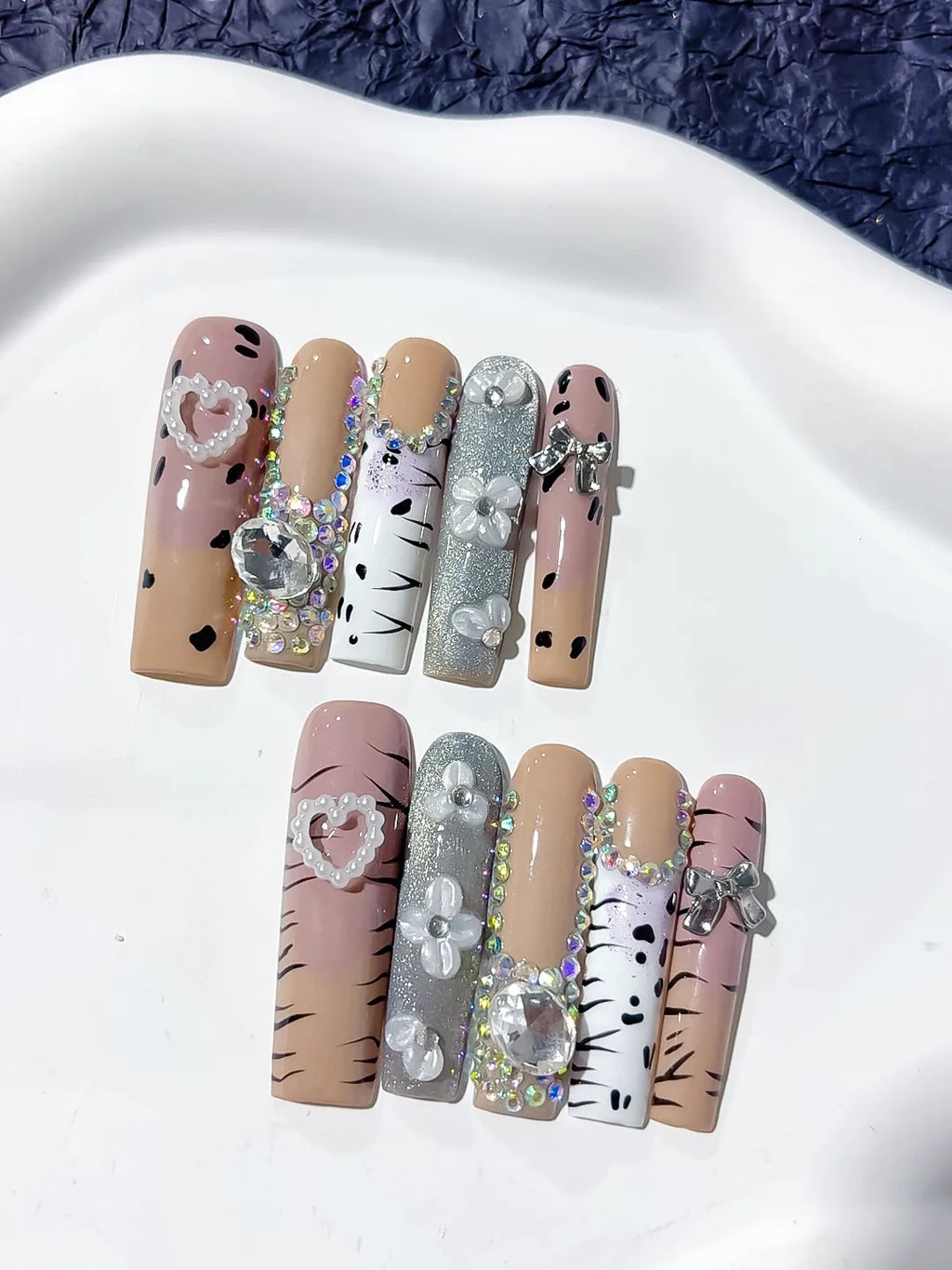 JSB16 - Long Nude White Square Glitter Heart Bow