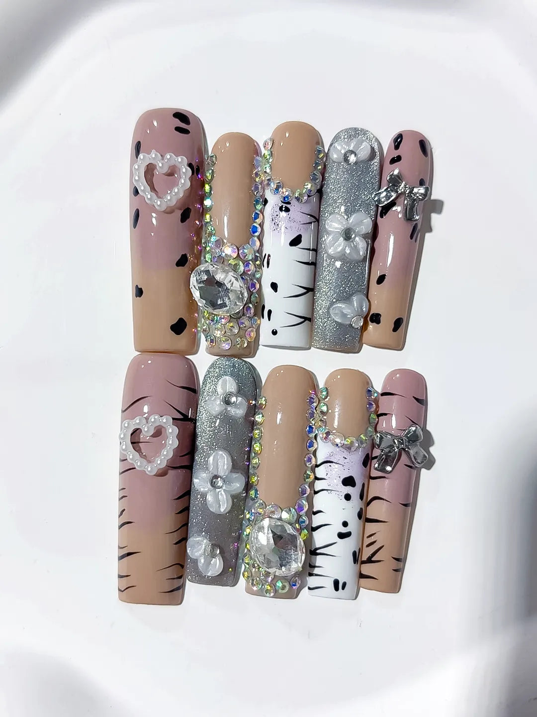 JSB16 - Long Nude White Square Glitter Heart Bow