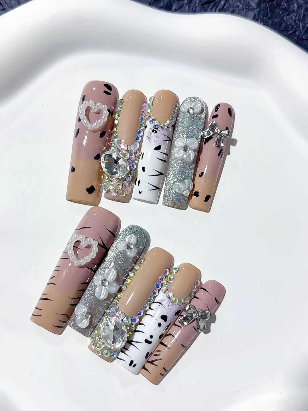 JSB16 - Long Nude White Square Glitter Heart Bow