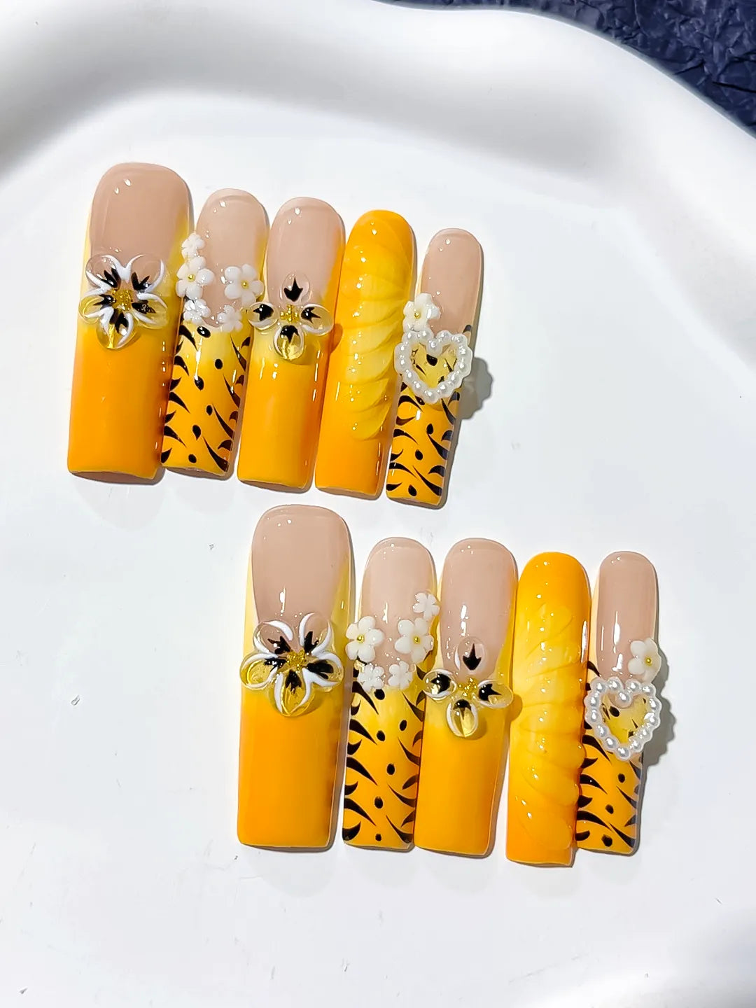 JSB17 - Long Nude Yellow Square Abstract Flower Heart