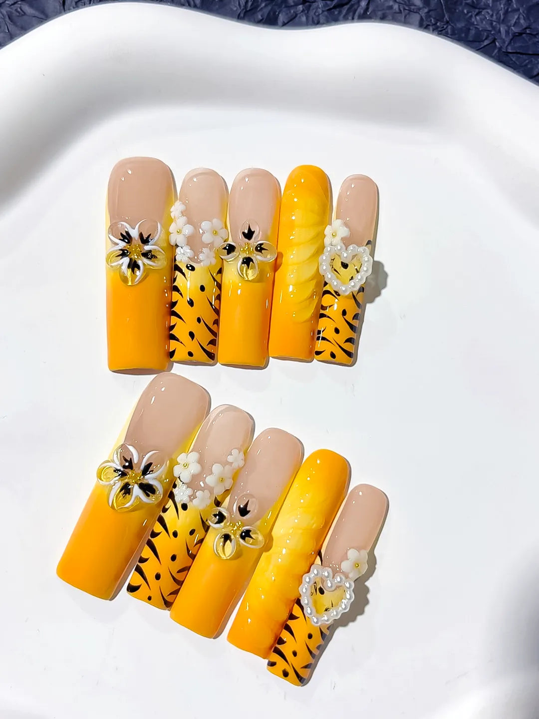 JSB17 - Long Nude Yellow Square Abstract Flower Heart
