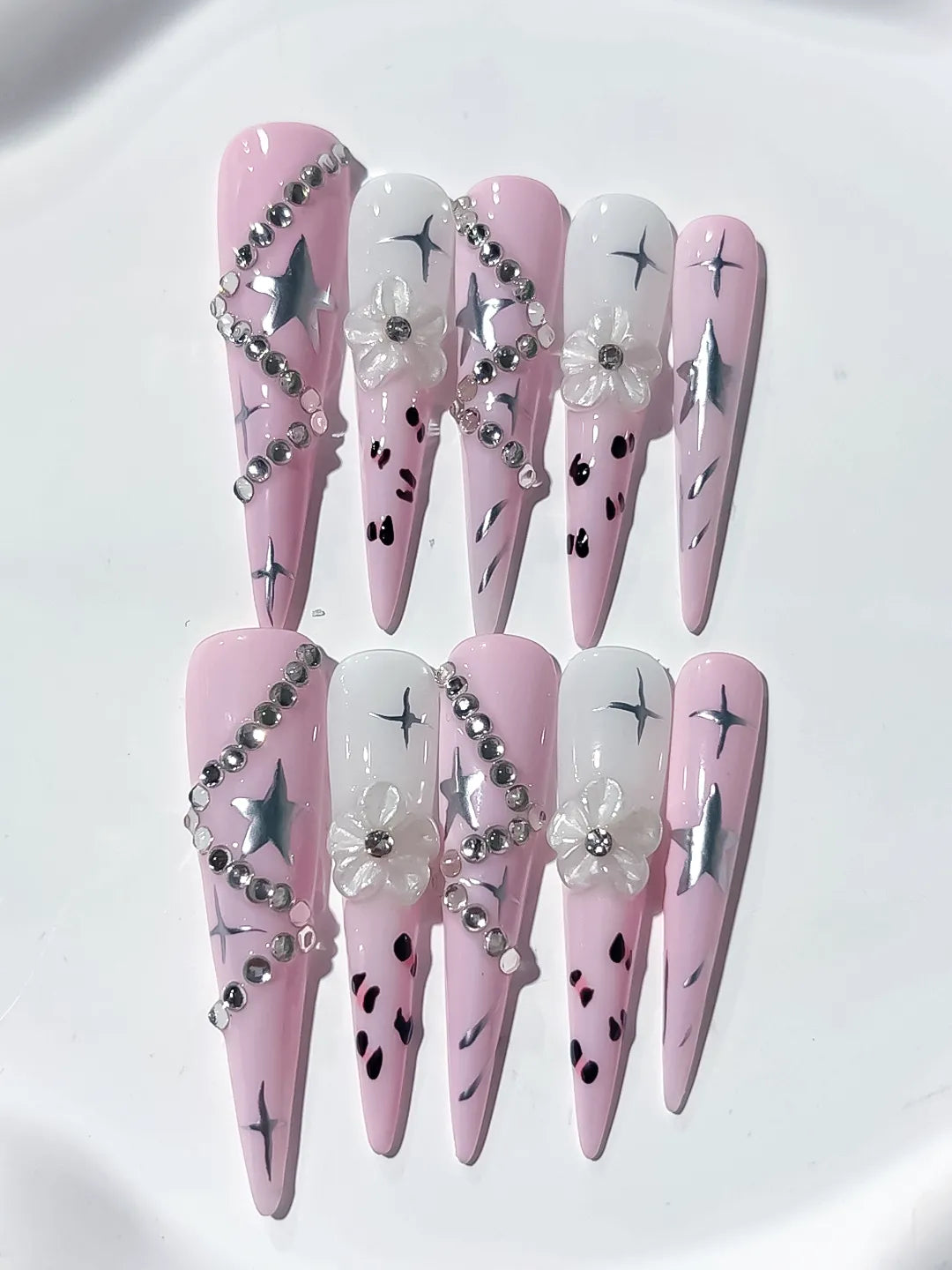 JSB19 - Long Pink White Stiletto Abstract Star Flower