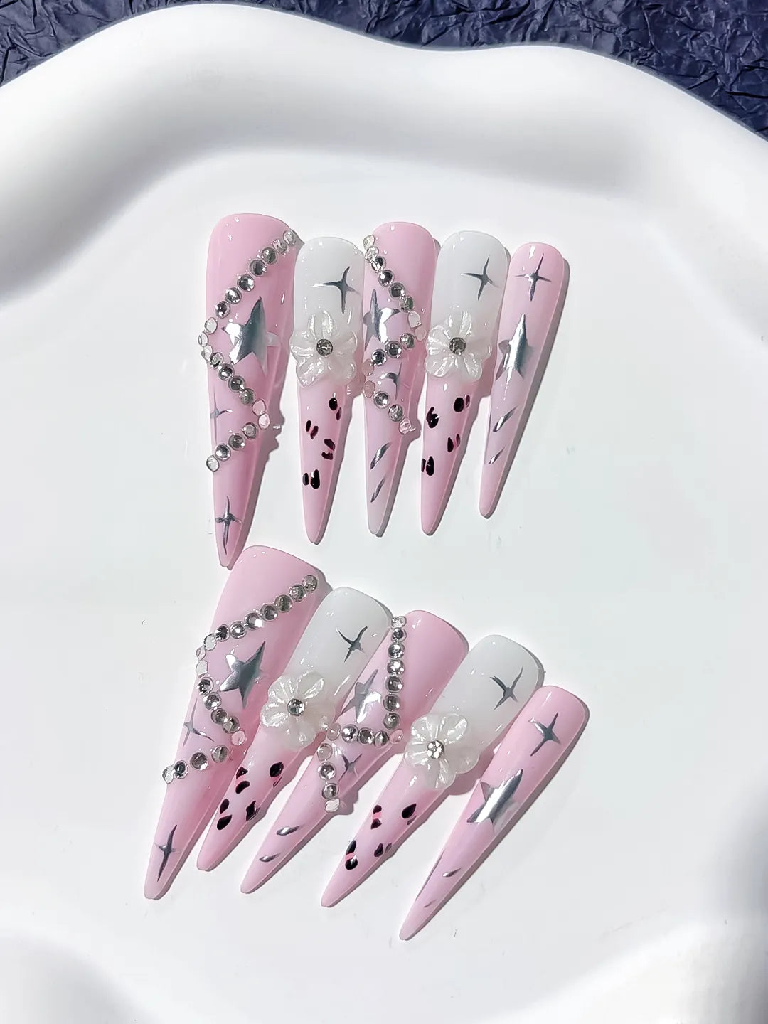 JSB19 - Long Pink White Stiletto Abstract Star Flower