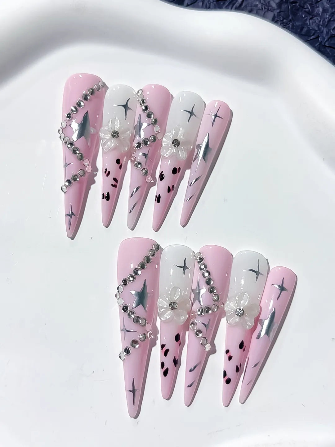 JSB19 - Long Pink White Stiletto Abstract Star Flower