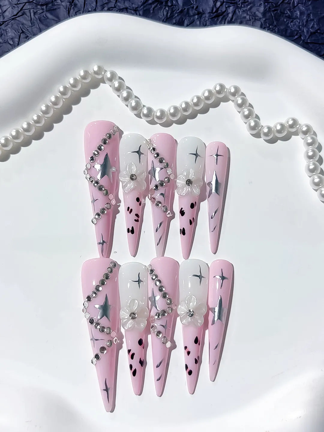 JSB19 - Long Pink White Stiletto Abstract Star Flower