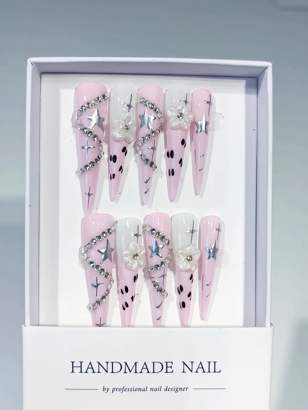 JSB19 - Long Pink White Stiletto Abstract Star Flower
