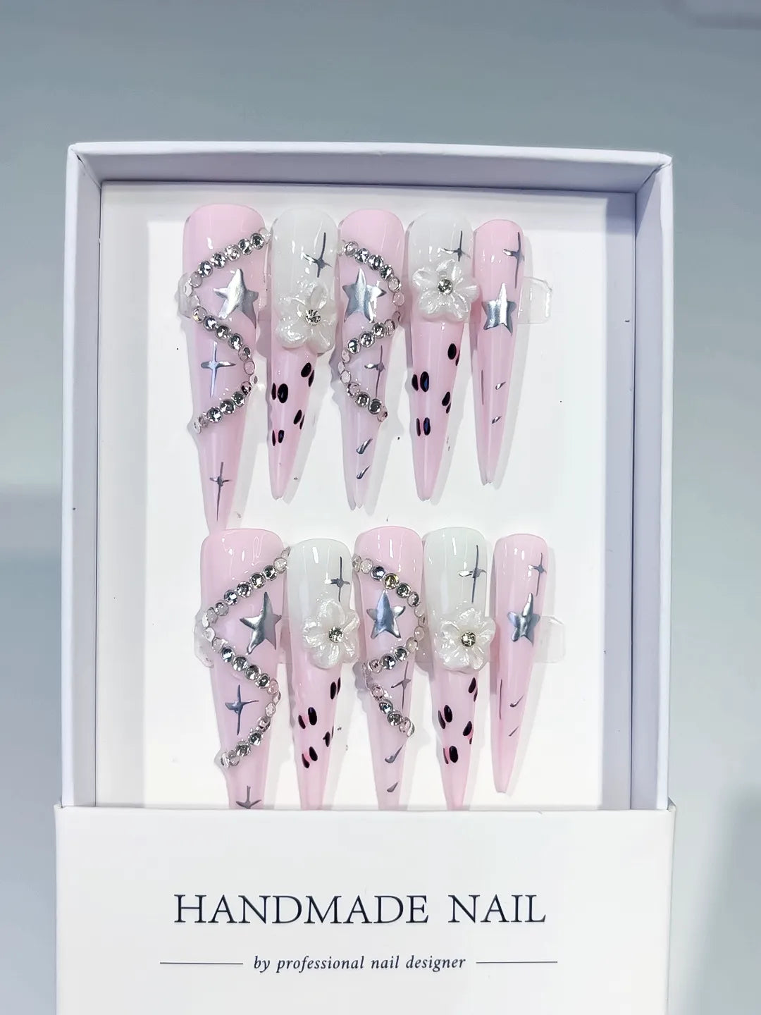 JSB19 - Long Pink White Stiletto Abstract Star Flower