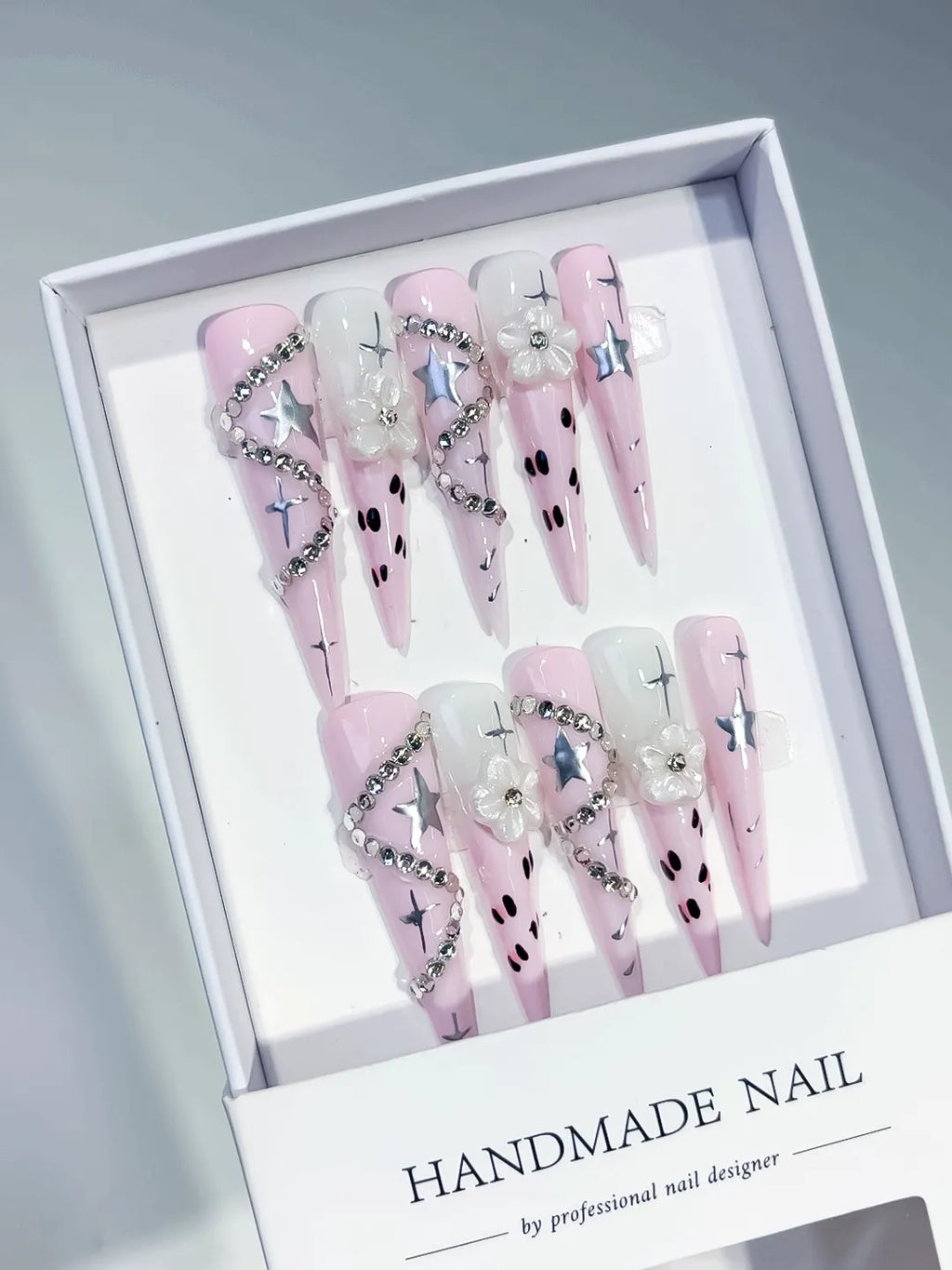 JSB19 - Long Pink White Stiletto Abstract Star Flower