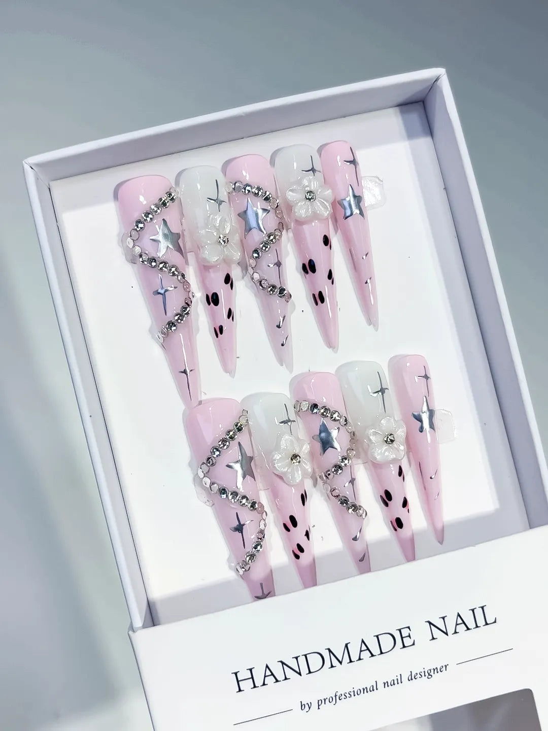 JSB19 - Long Pink White Stiletto Abstract Star Flower