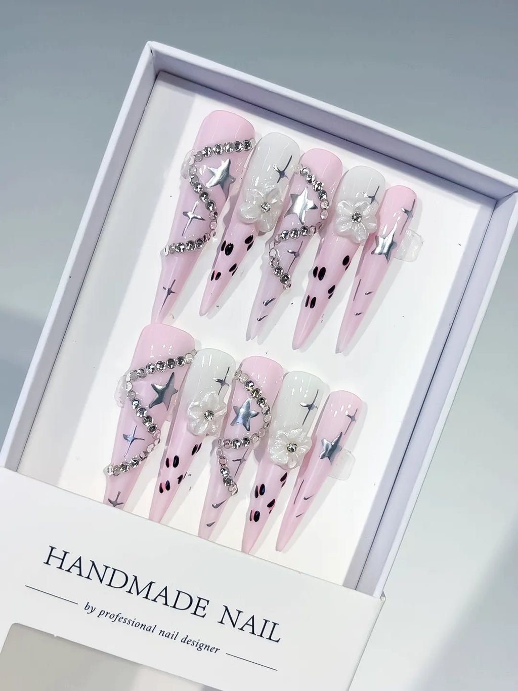 JSB19 - Long Pink White Stiletto Abstract Star Flower