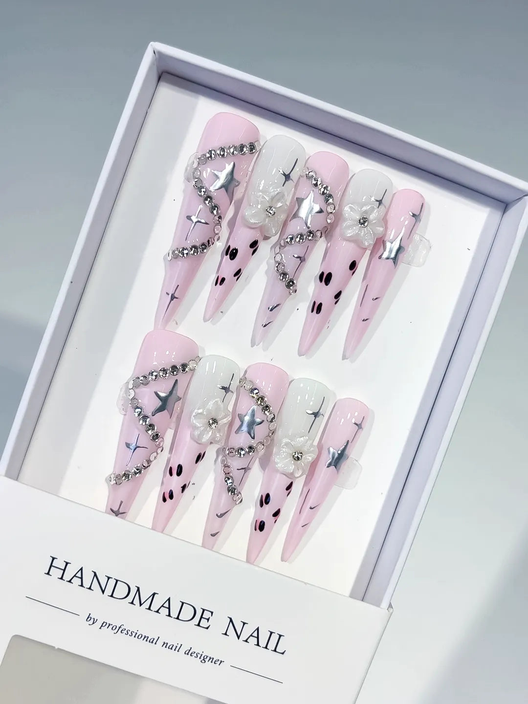 JSB19 - Long Pink White Stiletto Abstract Star Flower