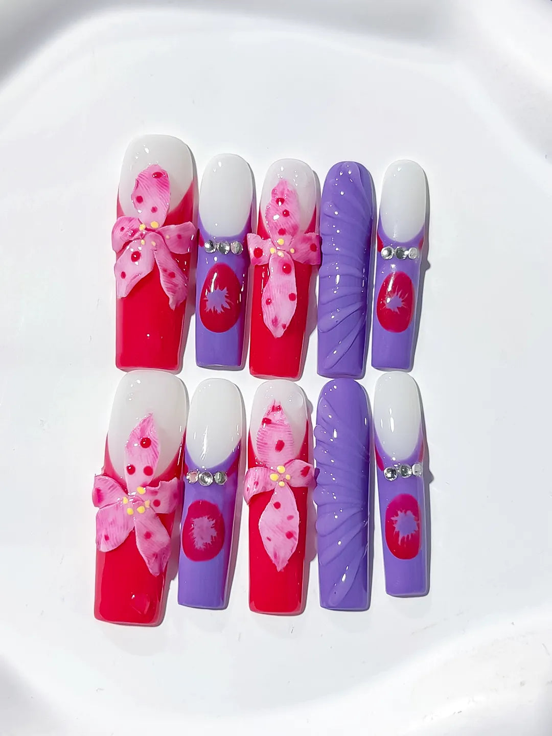 JSB20 - Long Pink White Square Abstract Flower Rhinestone