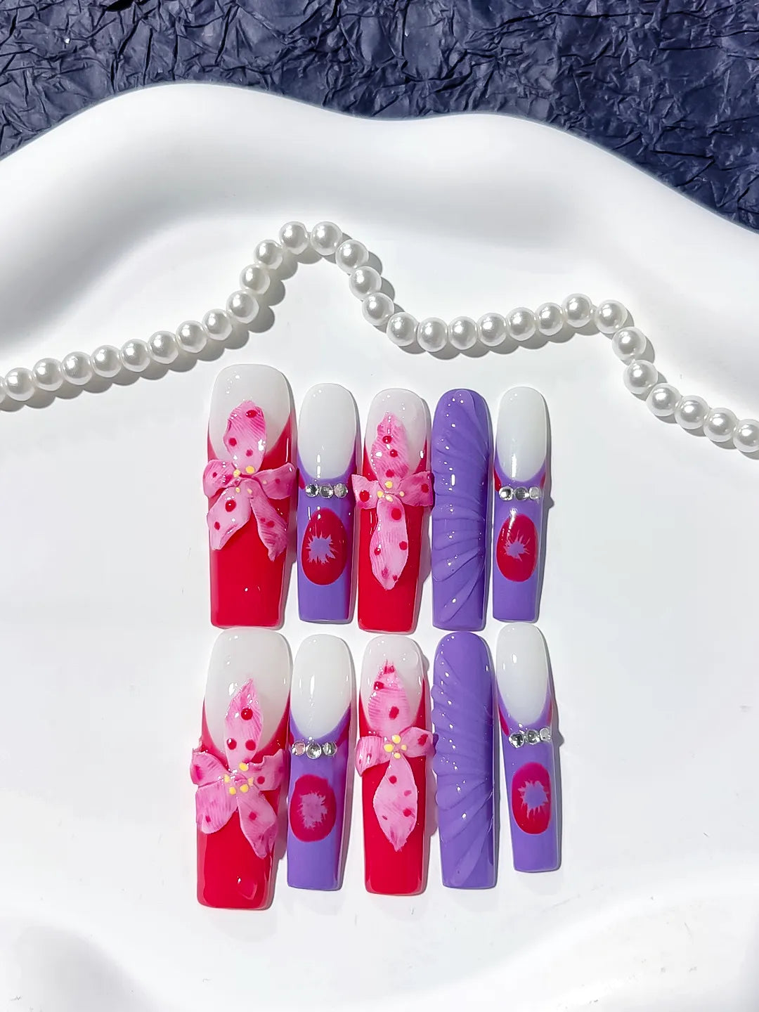 JSB20 - Long Pink White Square Abstract Flower Rhinestone