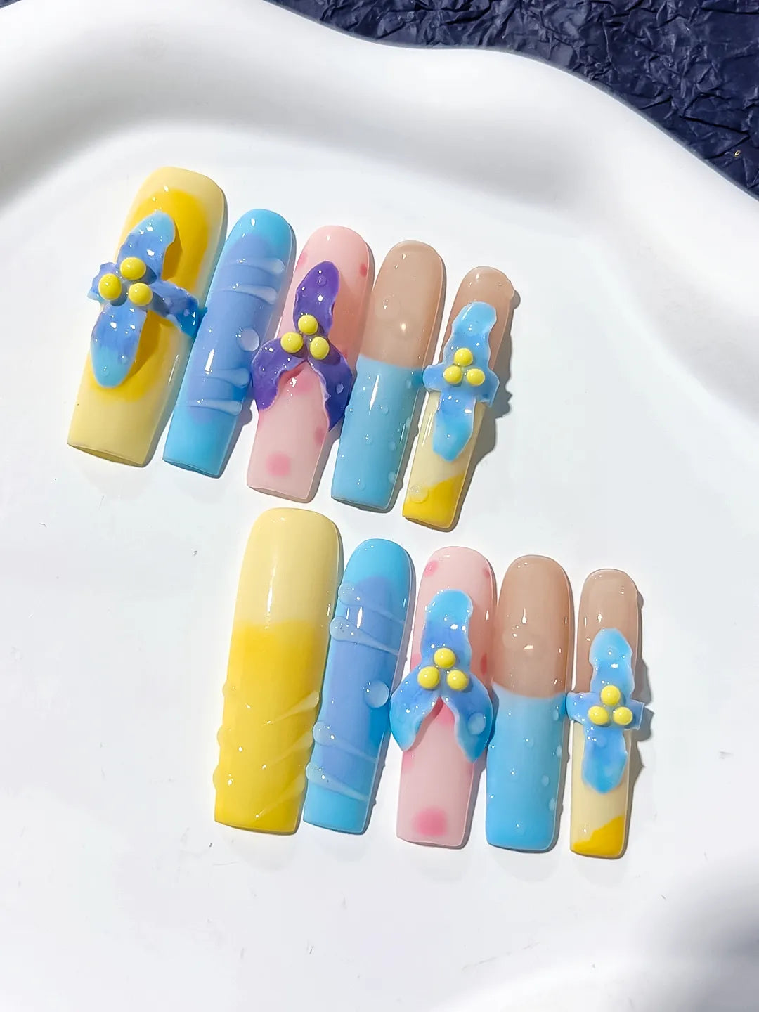 JSB21 - Long Yellow Blue Square Abstract Bow Flower