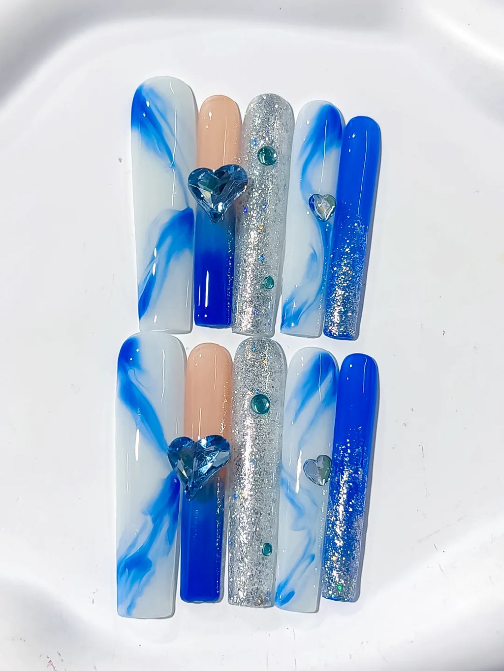 K003 - Long Blue White Square Abstract Heart Glitter