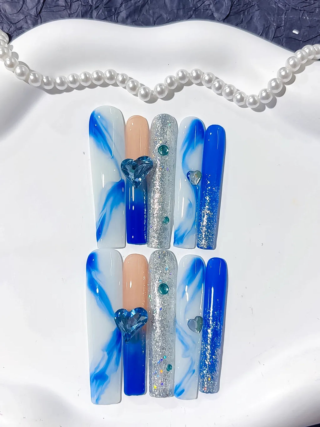 K003 - Long Blue White Square Abstract Heart Glitter