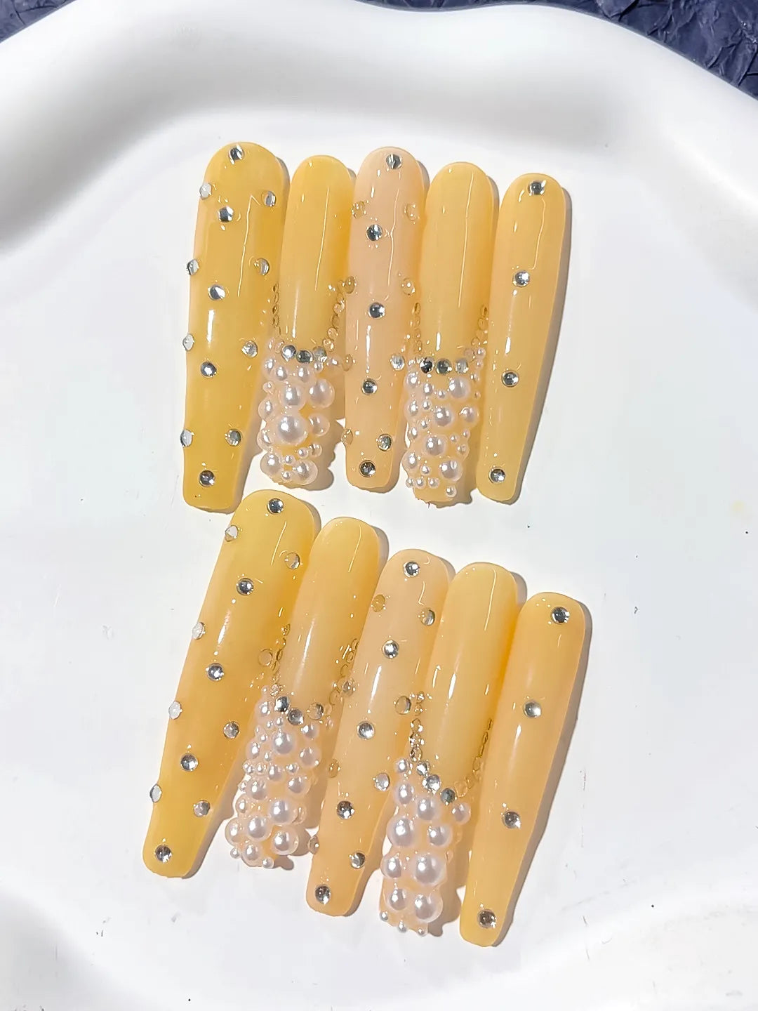 K005 - Long Yellow Silver Coffin Solid color Pearl Rhinestone