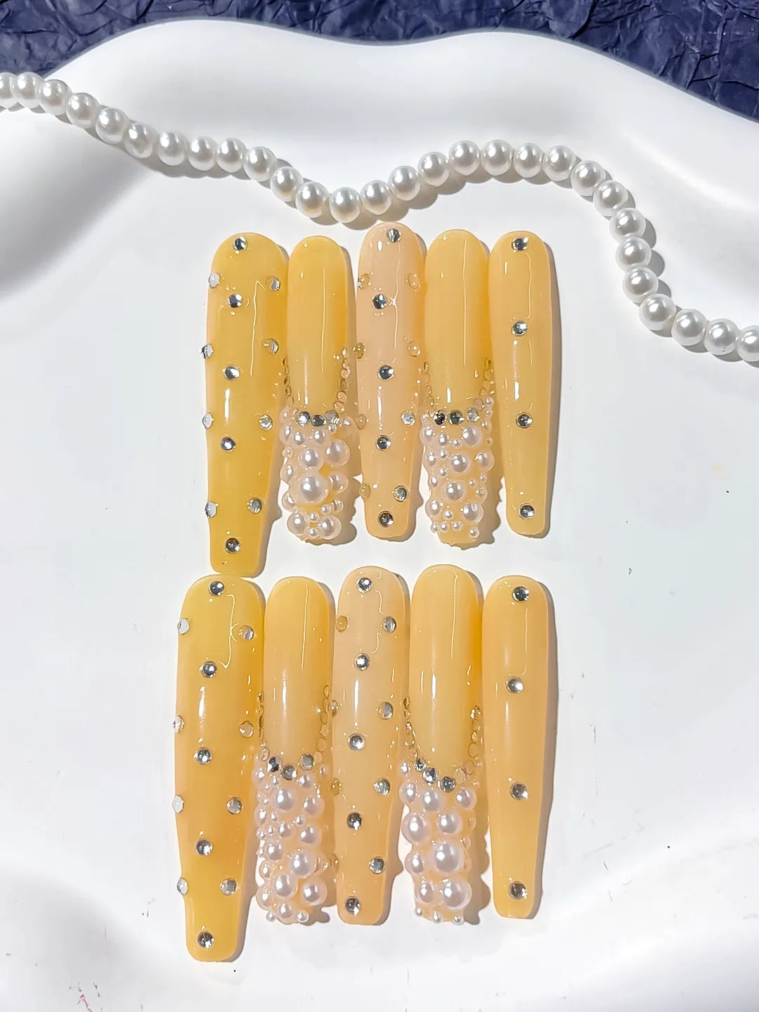K005 - Long Yellow Silver Coffin Solid color Pearl Rhinestone