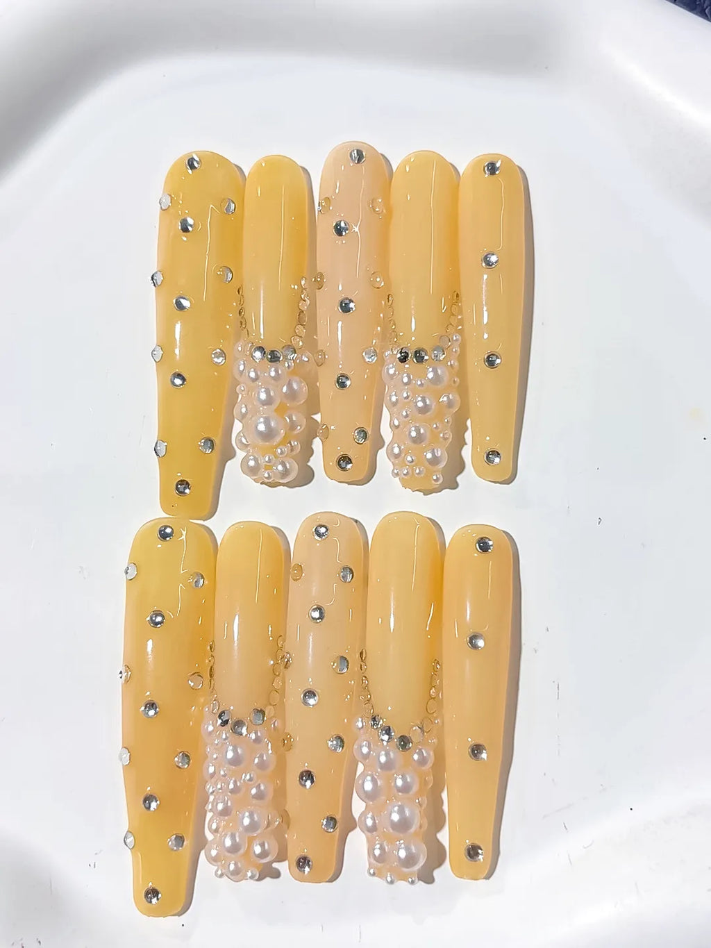 K005 - Long Yellow Silver Coffin Solid color Pearl Rhinestone