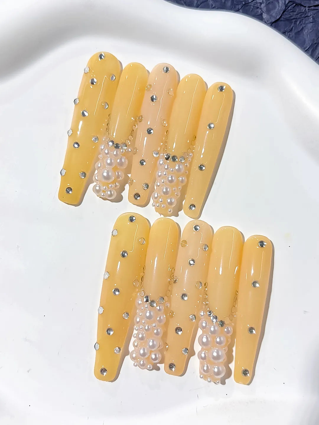 K005 - Long Yellow Silver Coffin Solid color Pearl Rhinestone