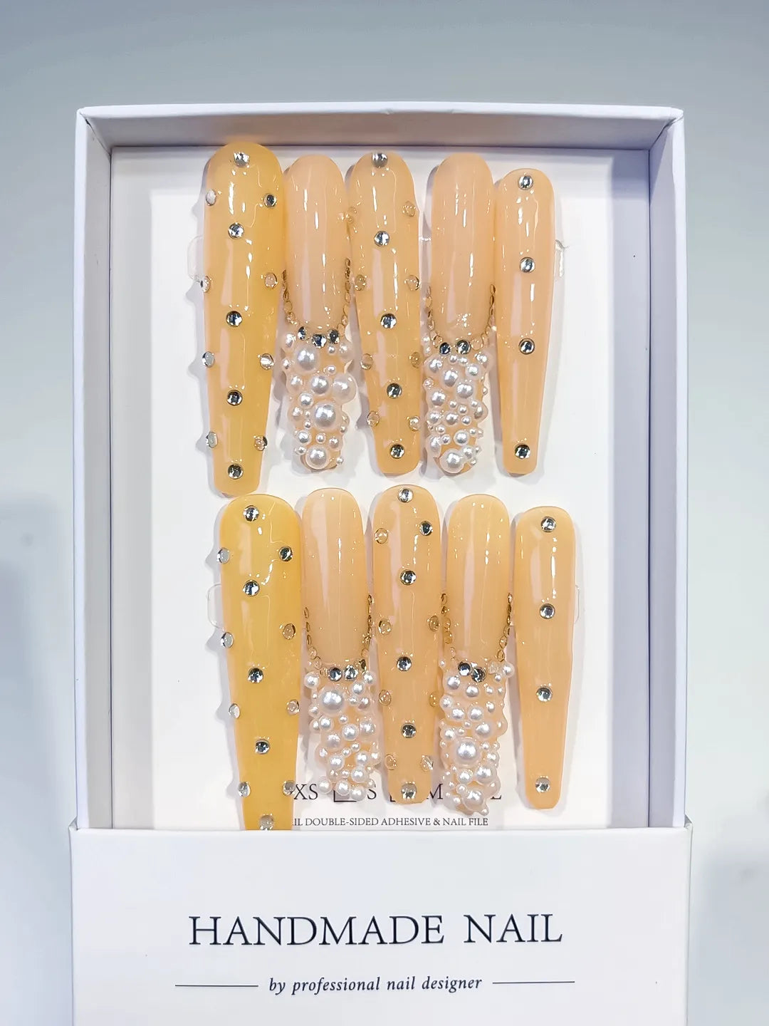K005 - Long Yellow Silver Coffin Solid color Pearl Rhinestone
