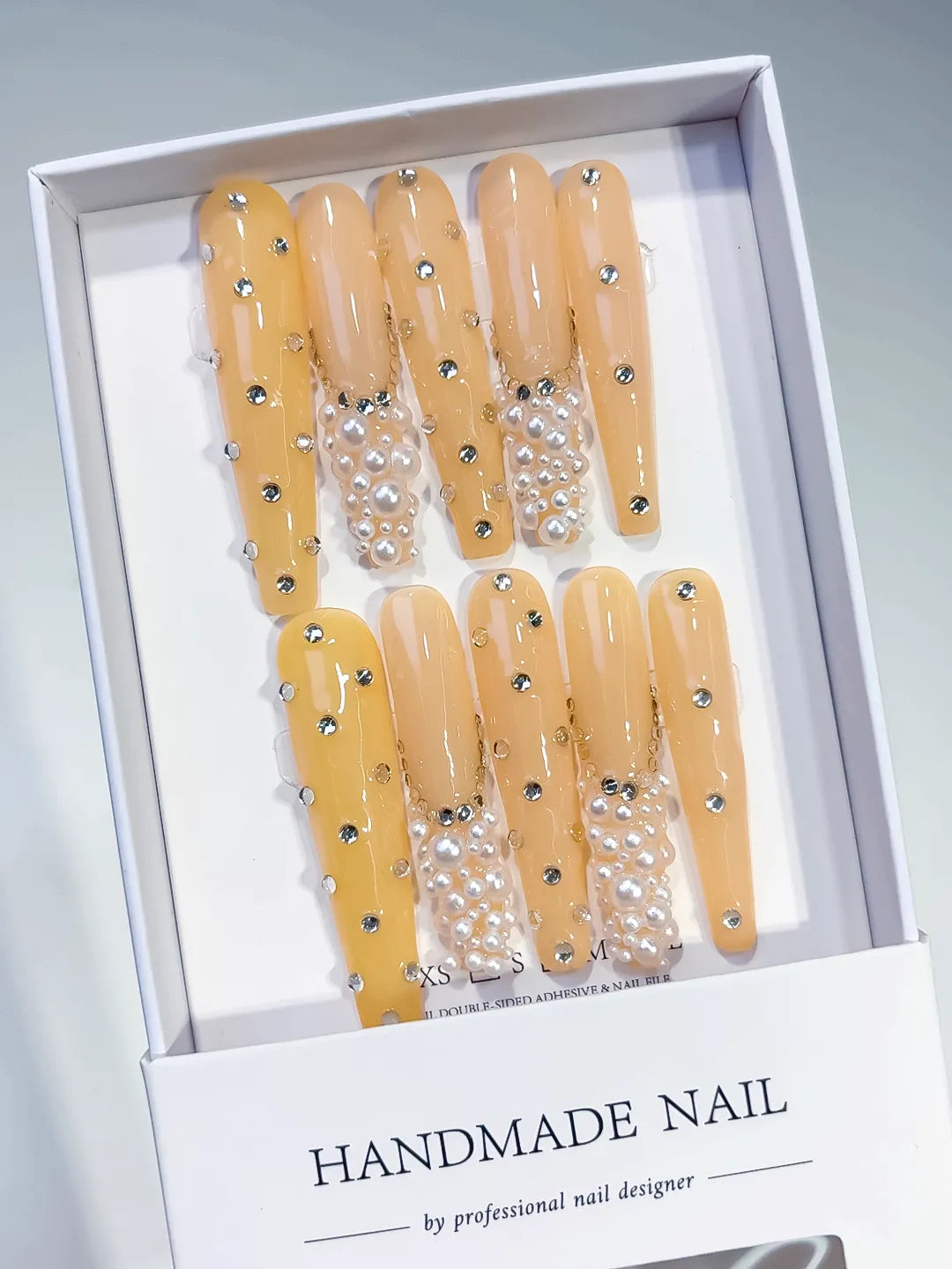 K005 - Long Yellow Silver Coffin Solid color Pearl Rhinestone