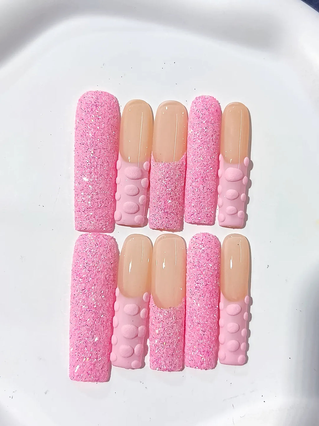 K007 - Long Pink Nude Square Glitter 3D Texture