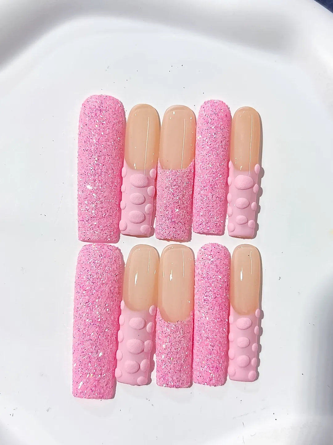 K007 - Long Pink Nude Square Glitter 3D Texture