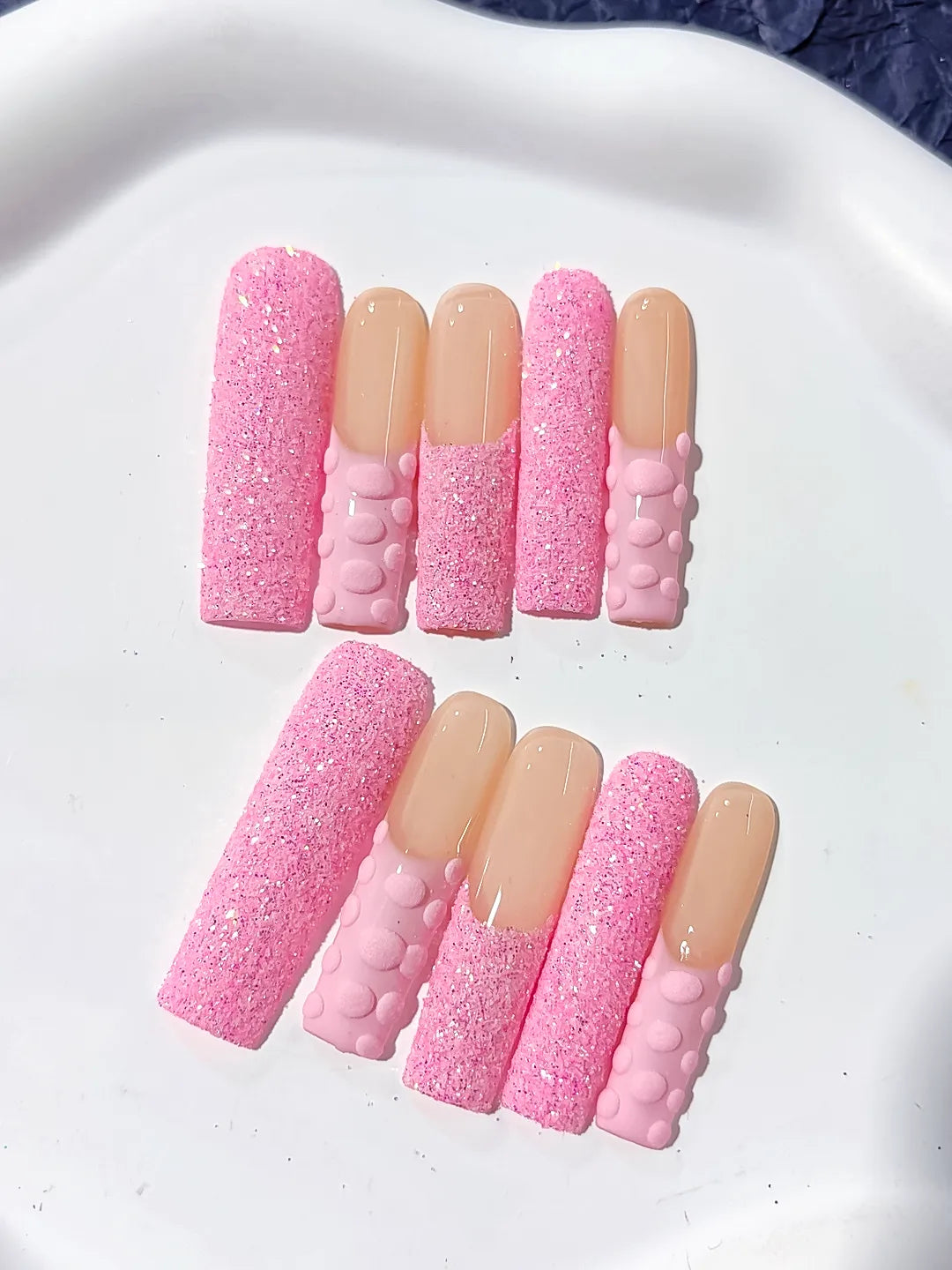 K007 - Long Pink Nude Square Glitter 3D Texture