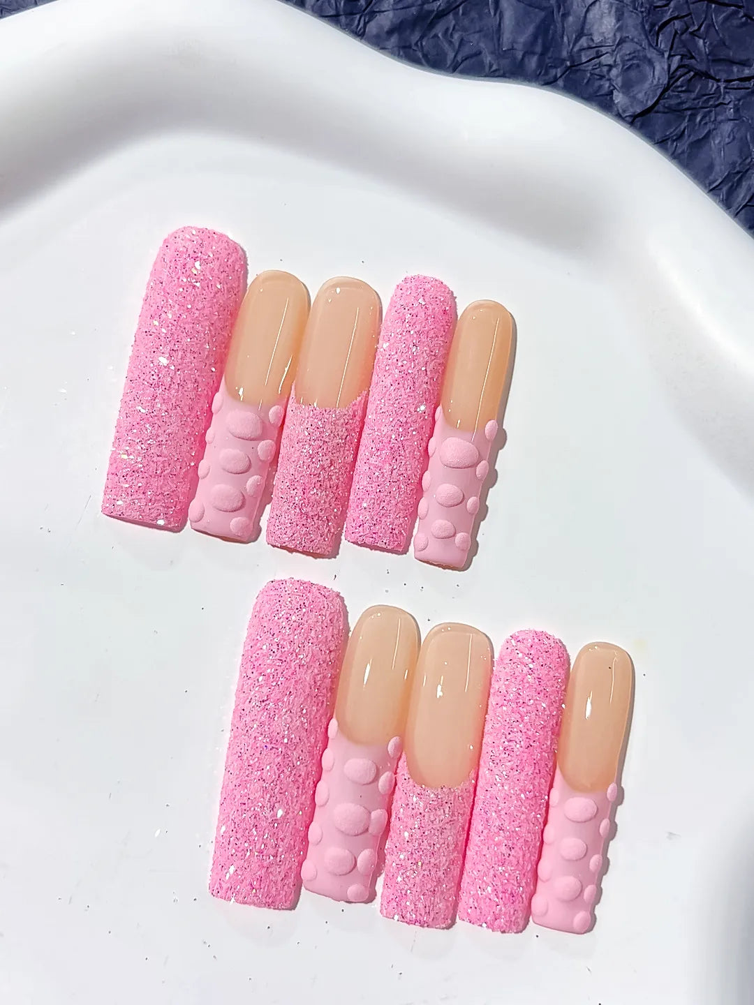K007 - Long Pink Nude Square Glitter 3D Texture