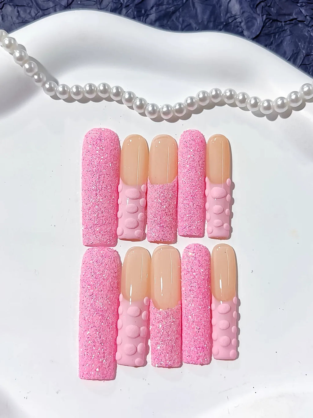 K007 - Long Pink Nude Square Glitter 3D Texture