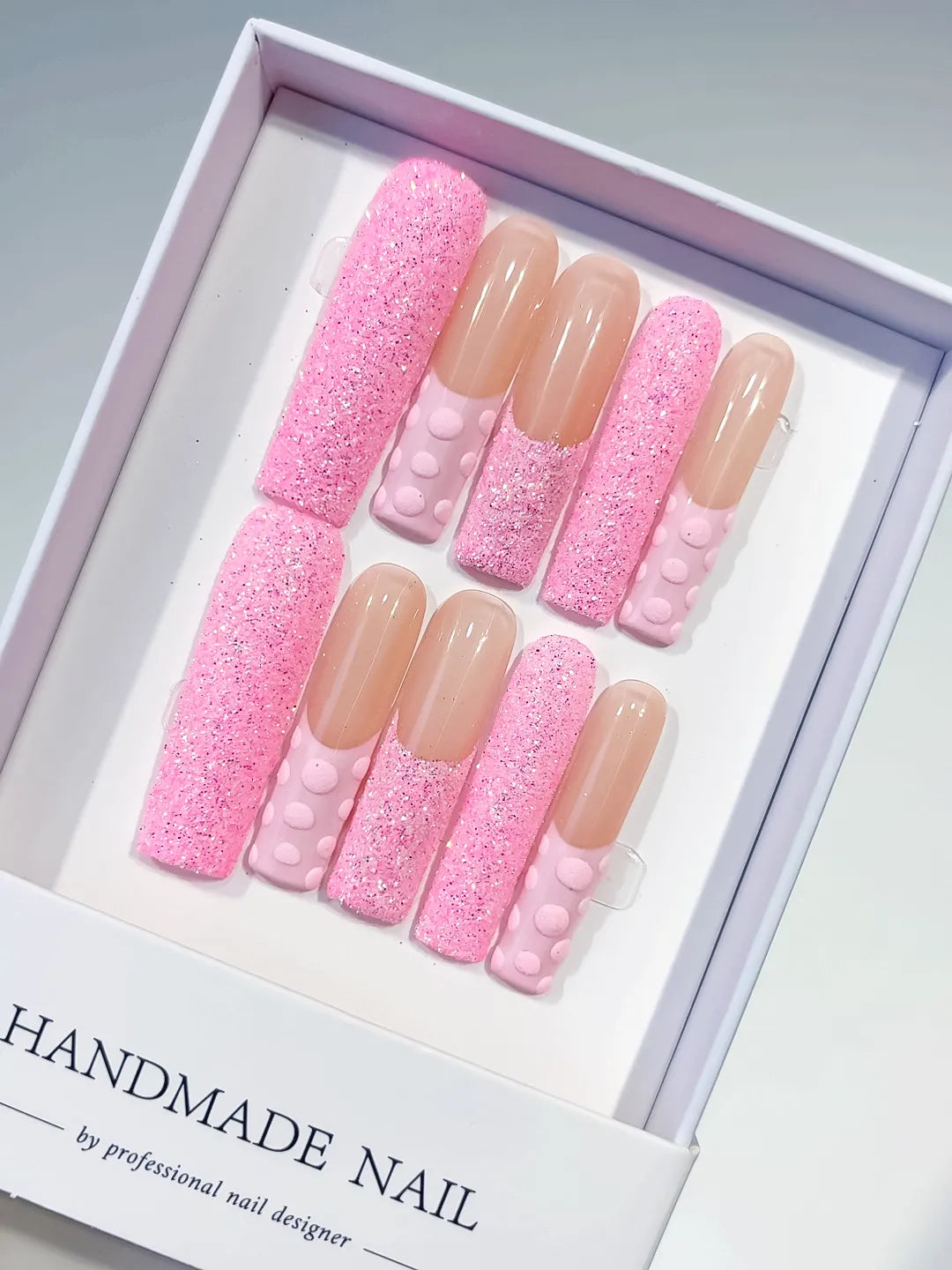 K007 - Long Pink Nude Square Glitter 3D Texture