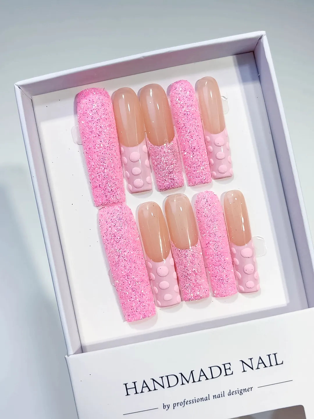 K007 - Long Pink Nude Square Glitter 3D Texture