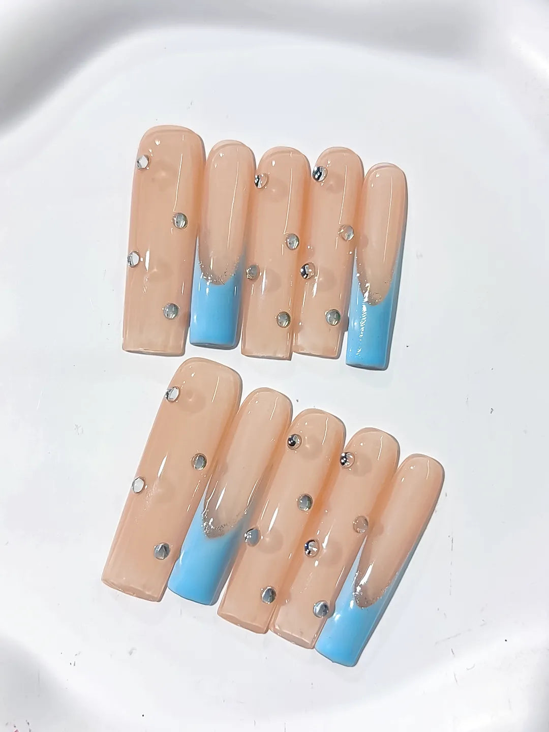 K008 - Long Nude Blue Square French tip Rhinestone
