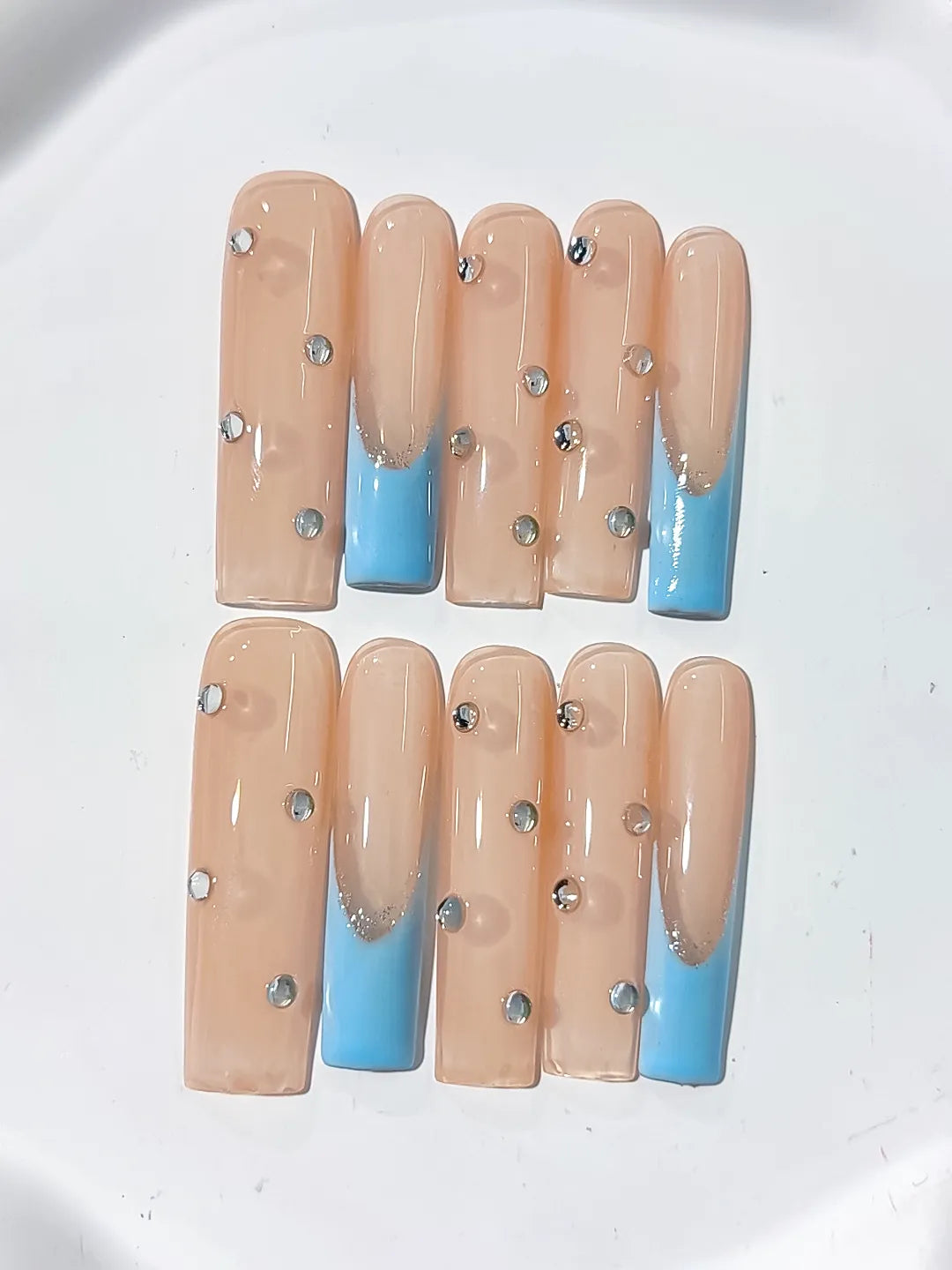 K008 - Long Nude Blue Square French tip Rhinestone