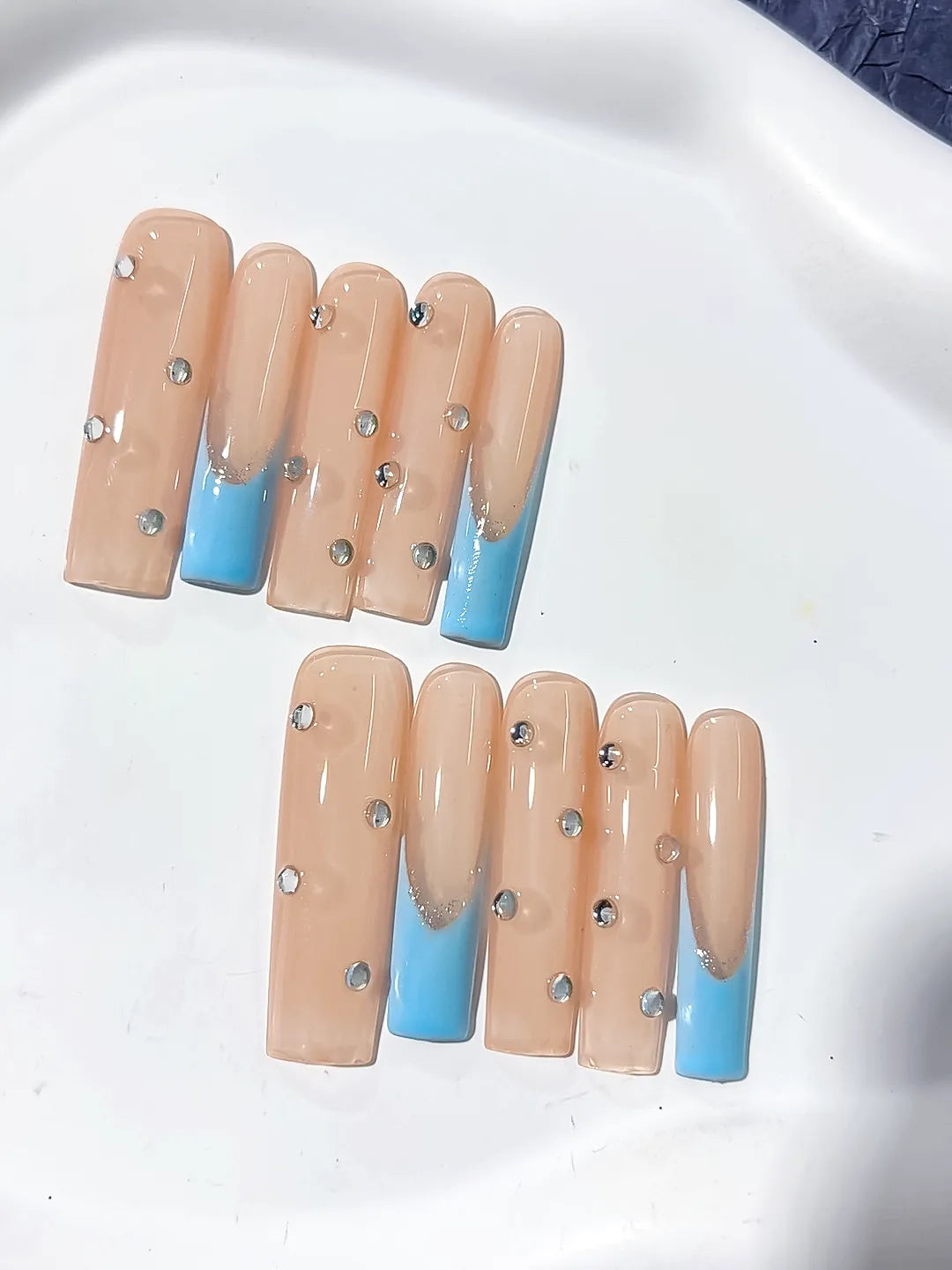 K008 - Long Nude Blue Square French tip Rhinestone