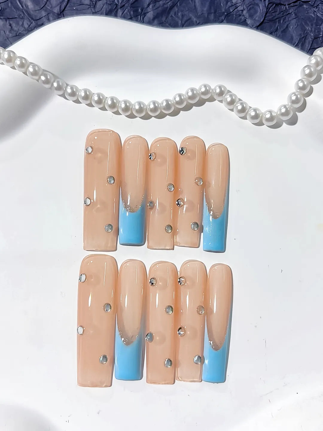 K008 - Long Nude Blue Square French tip Rhinestone