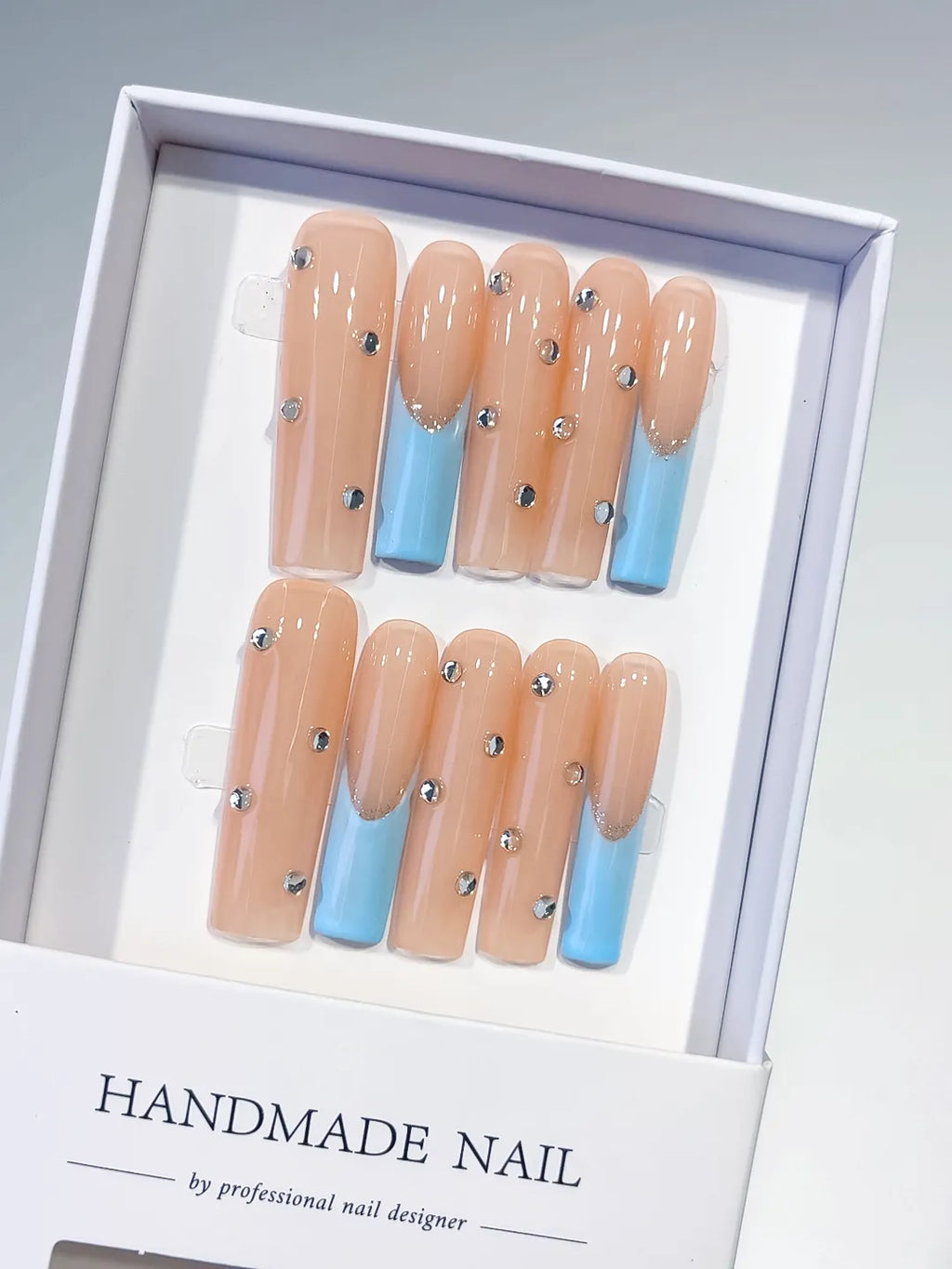 K008 - Long Nude Blue Square French tip Rhinestone