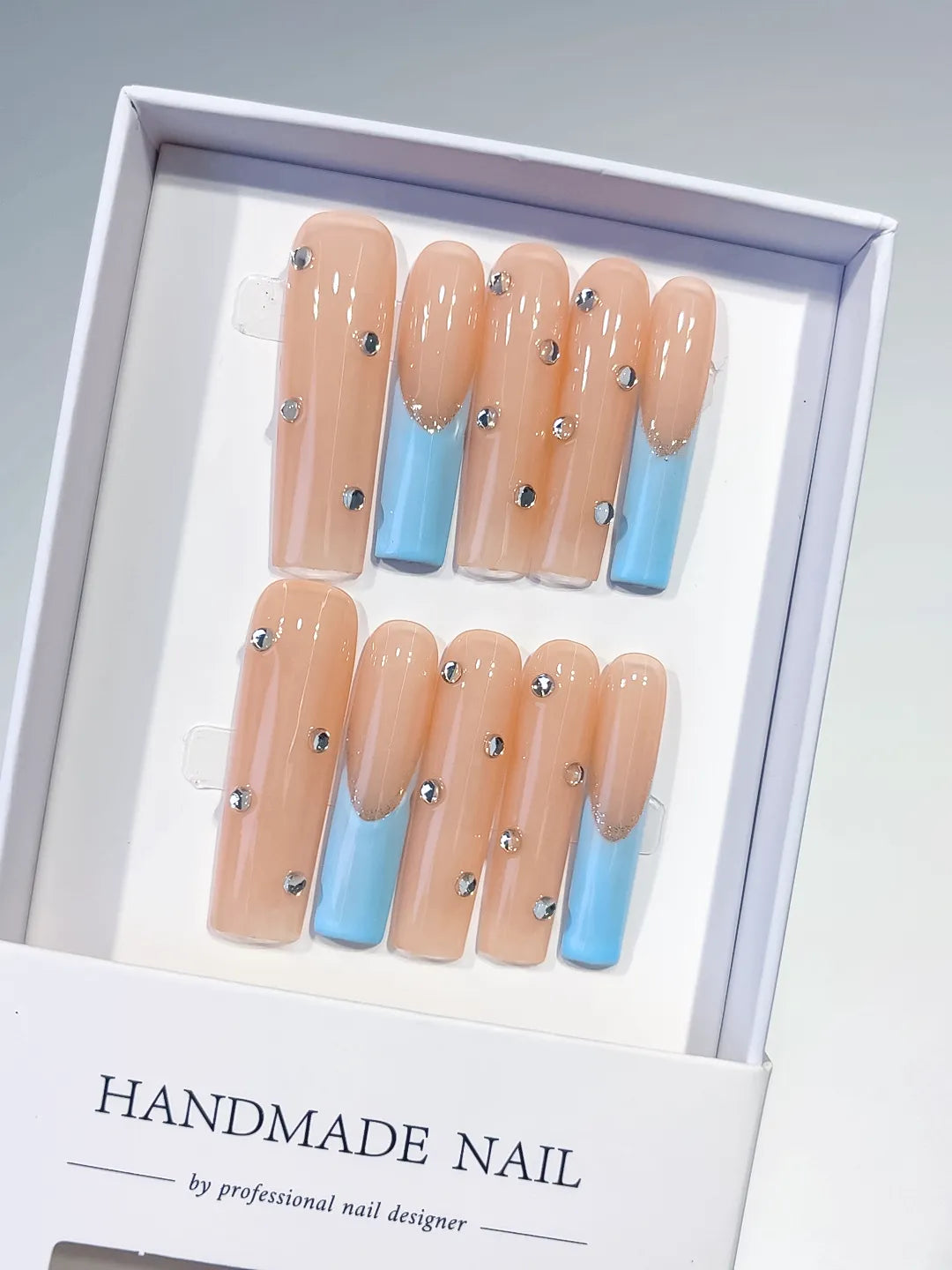 K008 - Long Nude Blue Square French tip Rhinestone