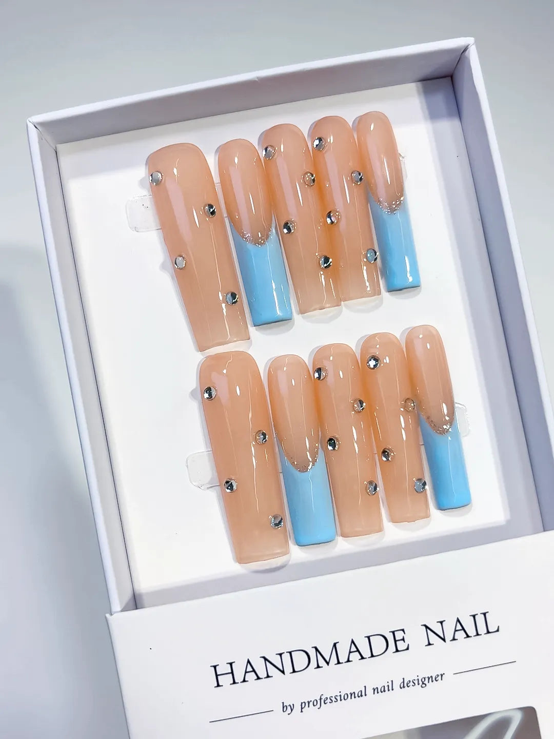 K008 - Long Nude Blue Square French tip Rhinestone