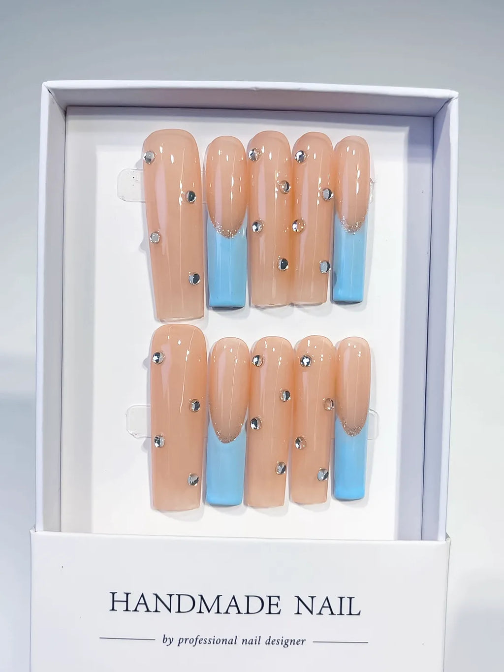 K008 - Long Nude Blue Square French tip Rhinestone