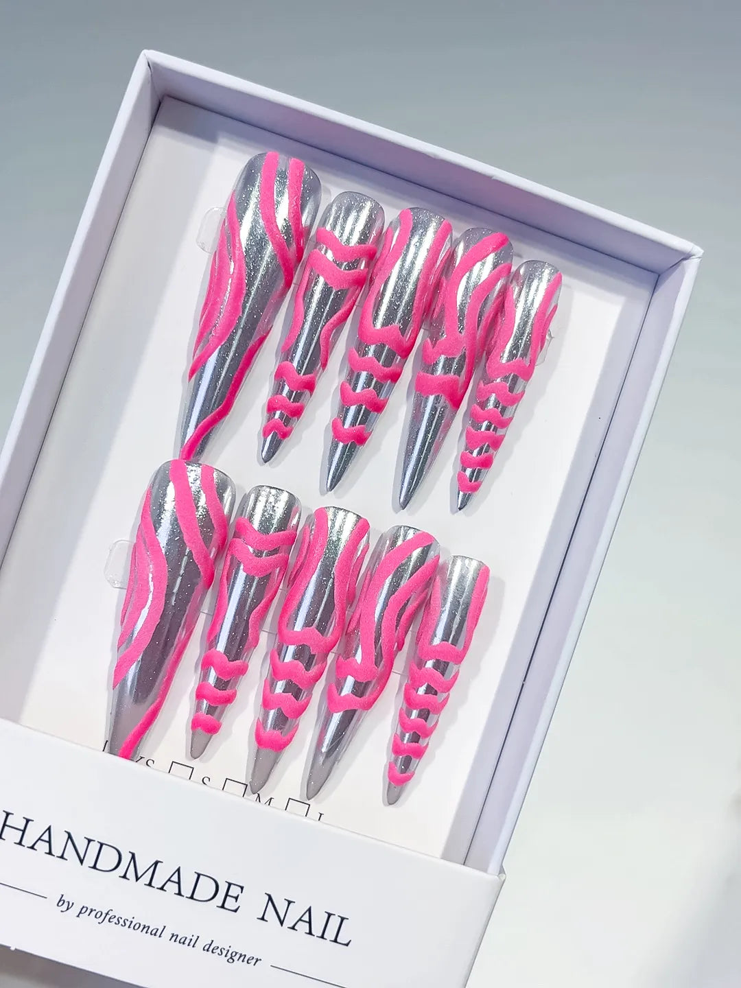 K009 - Long Silver Pink Stiletto Metallic 3D Texture