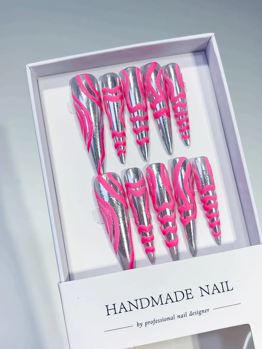 K009 - Long Silver Pink Stiletto Metallic 3D Texture