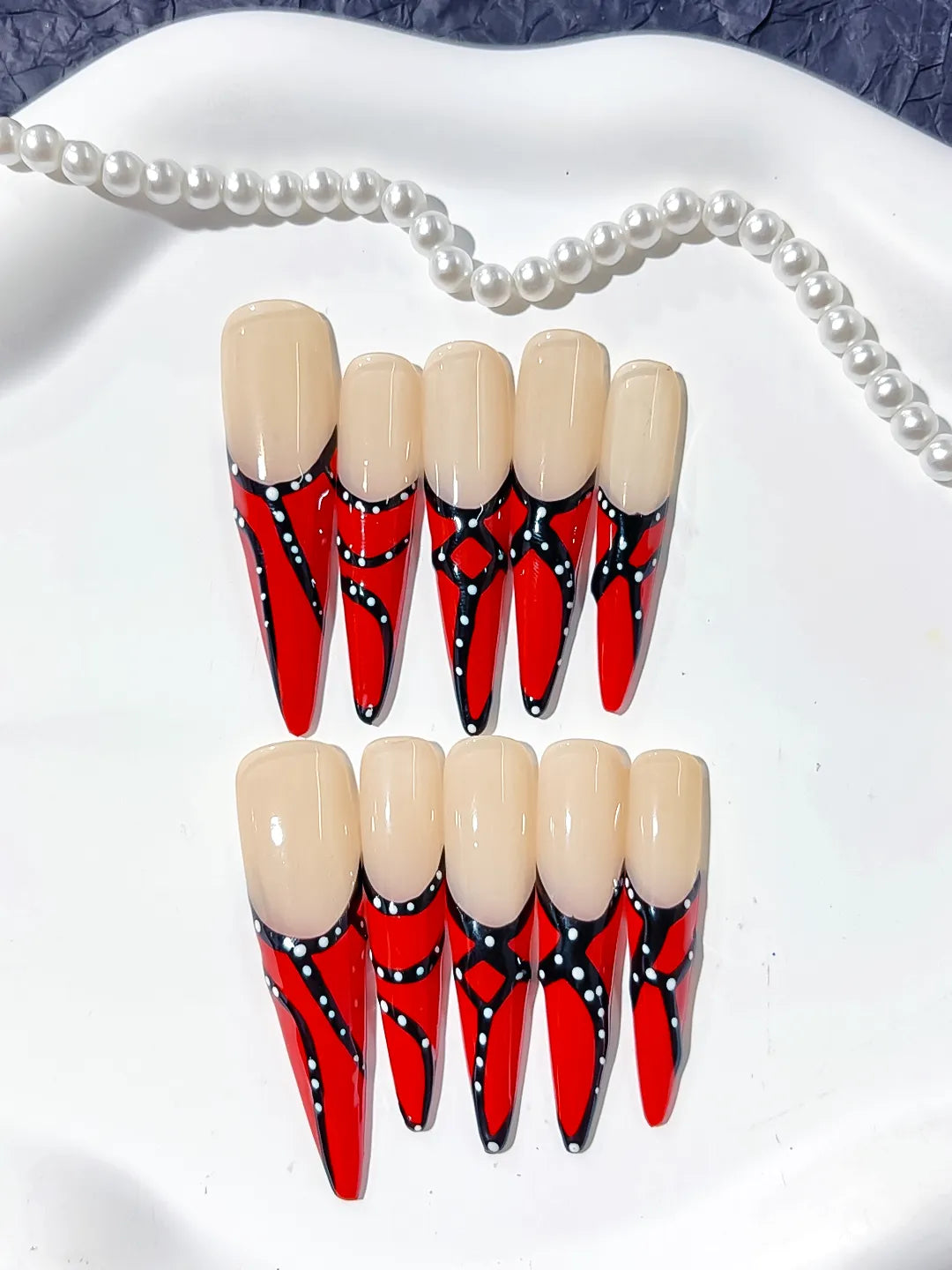 K011 - Long Nude Red Stiletto Abstract Dot