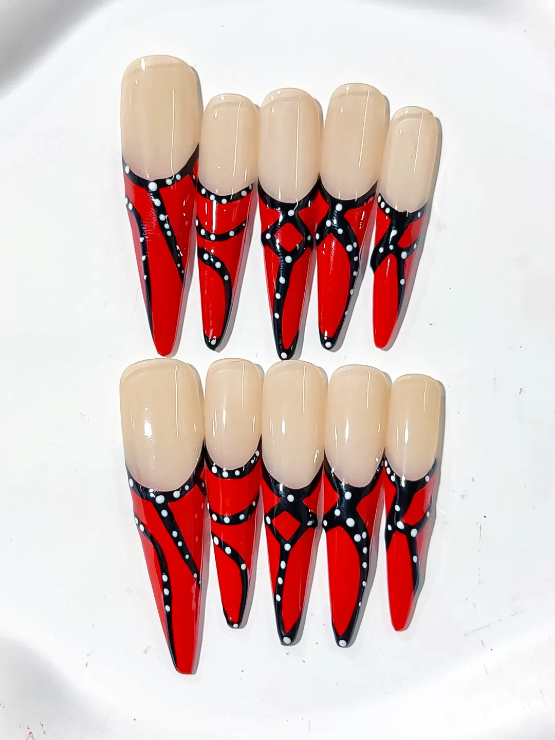 K011 - Long Nude Red Stiletto Abstract Dot