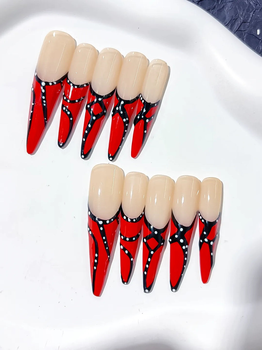 K011 - Long Nude Red Stiletto Abstract Dot
