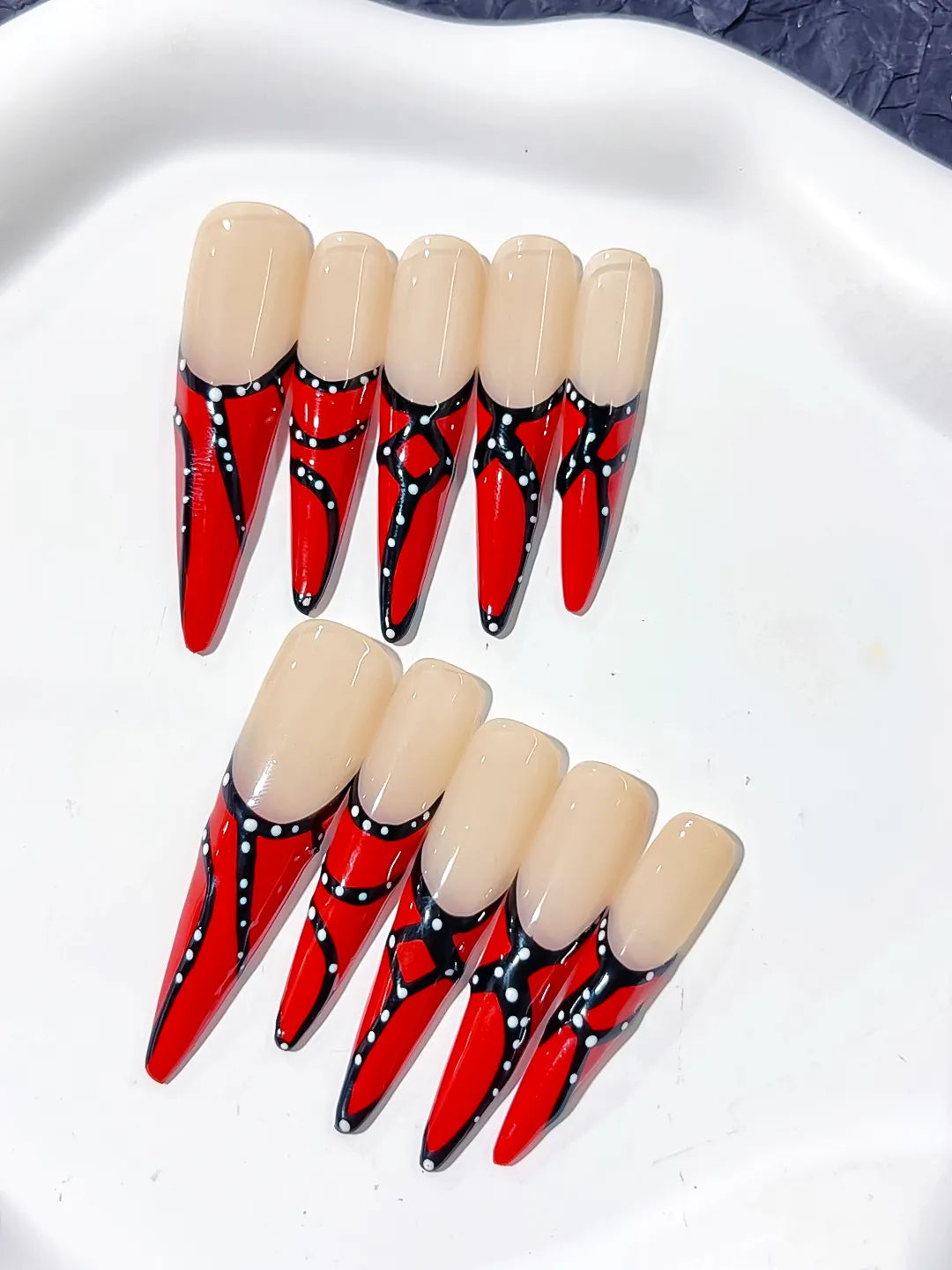 K011 - Long Nude Red Stiletto Abstract Dot