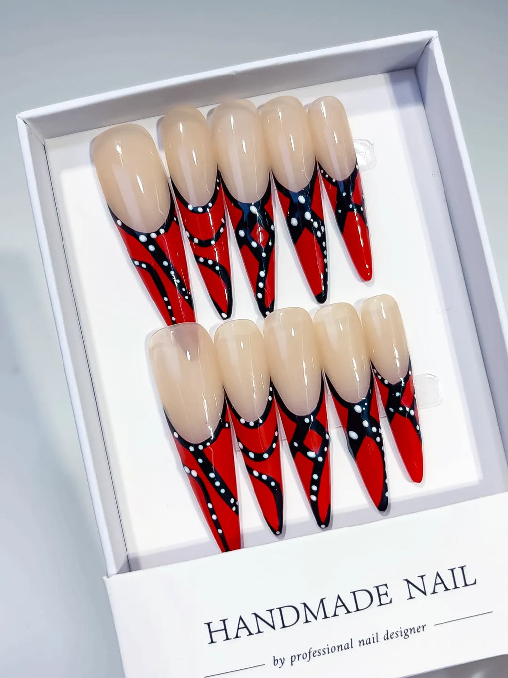 K011 - Long Nude Red Stiletto Abstract Dot