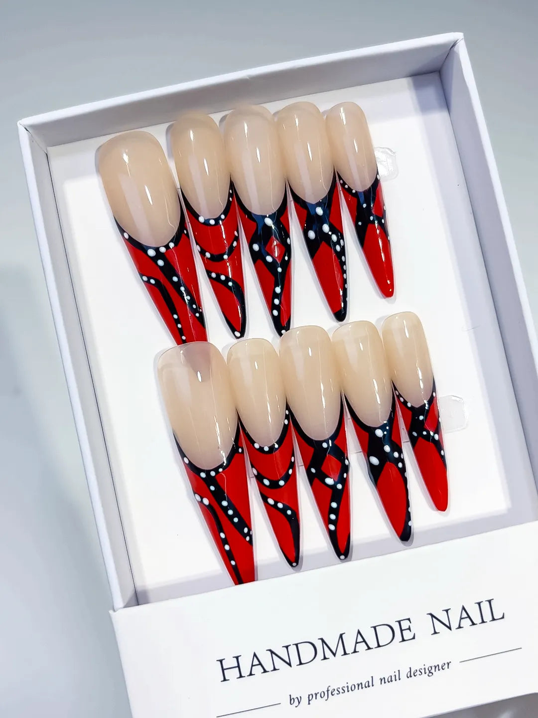 K011 - Long Nude Red Stiletto Abstract Dot