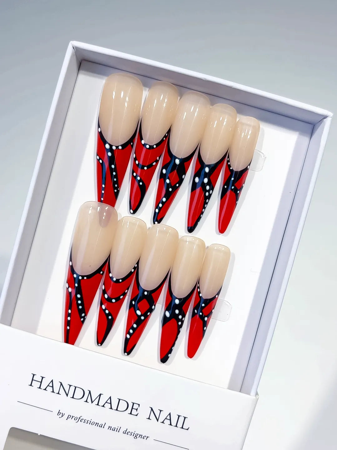 K011 - Long Nude Red Stiletto Abstract Dot